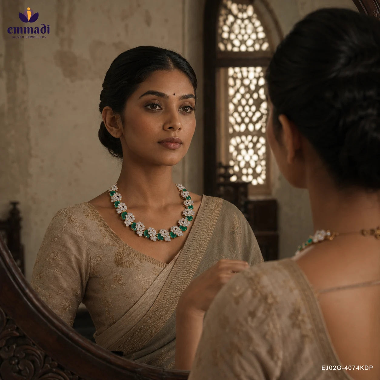 Woman in beige saree viewing her reflection in an ornate mirror while wearing a green and white floral CZ necklace
