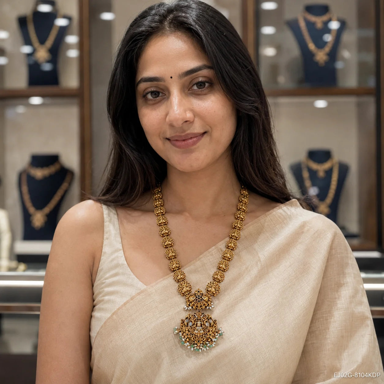 Woman in a beige saree wearing a long antique gold-tone necklace with a floral pendant and bead drops