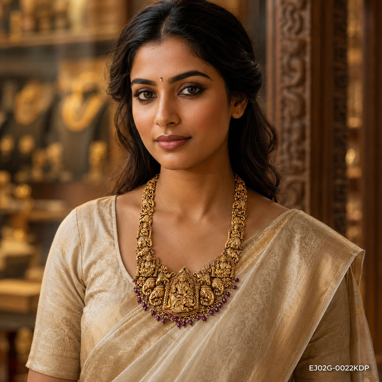 Woman in beige silk saree wearing a long nakshi necklace with pink bead drops, temple backdrop