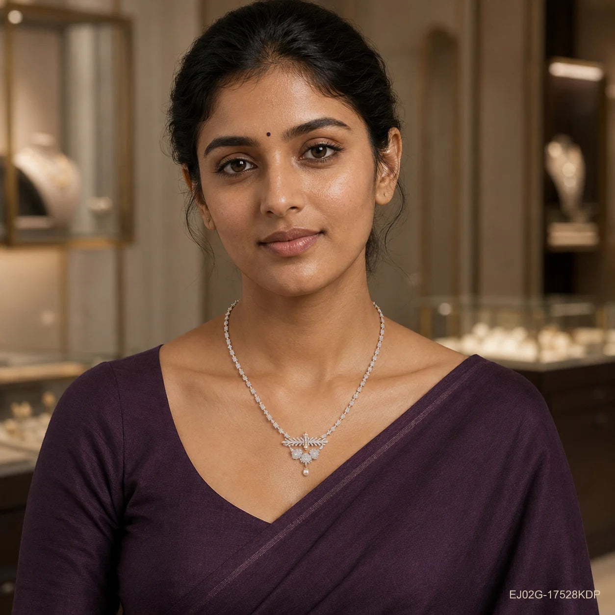 Woman in a purple saree wearing the Aadhya Ethika White Long Necklace with leaf motif pendant and pearl drop