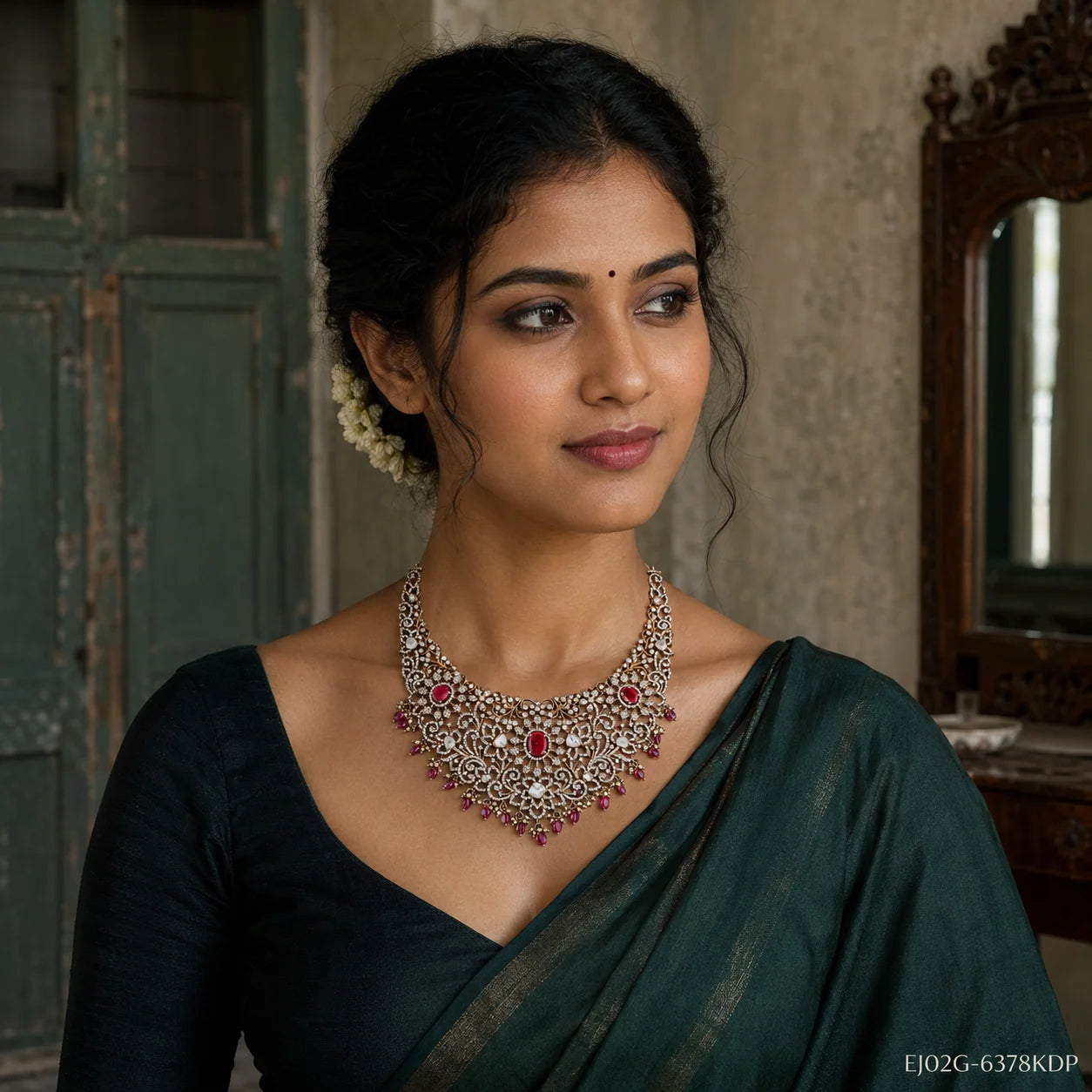 Woman in dark green saree wearing an ornate Victorian-style red and white stone necklace