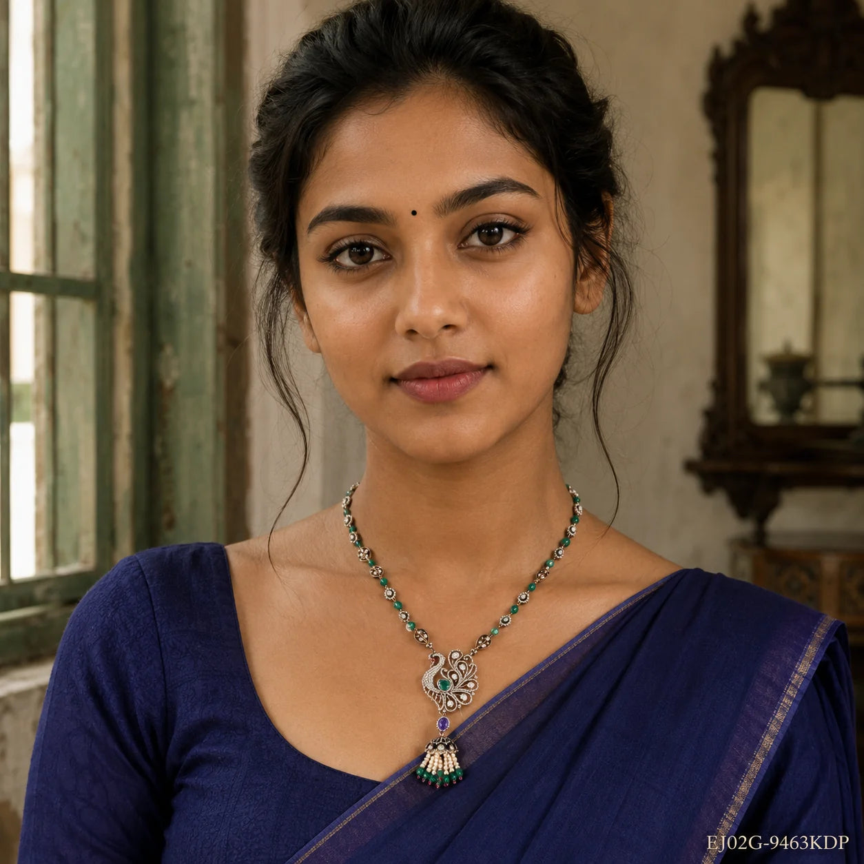Woman in navy blue saree wearing a Victorian multicolour long necklace with peacock pendant