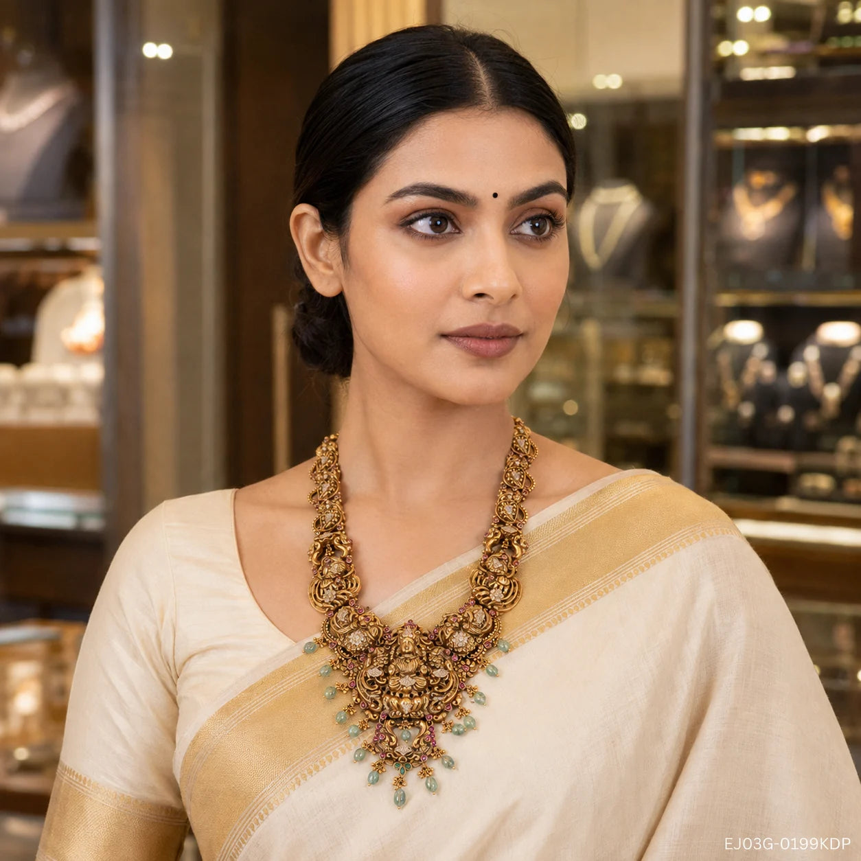 Woman in a cream and gold saree wearing a long gold-tone Kundan Nakshi necklace with deity motif and green bead drops