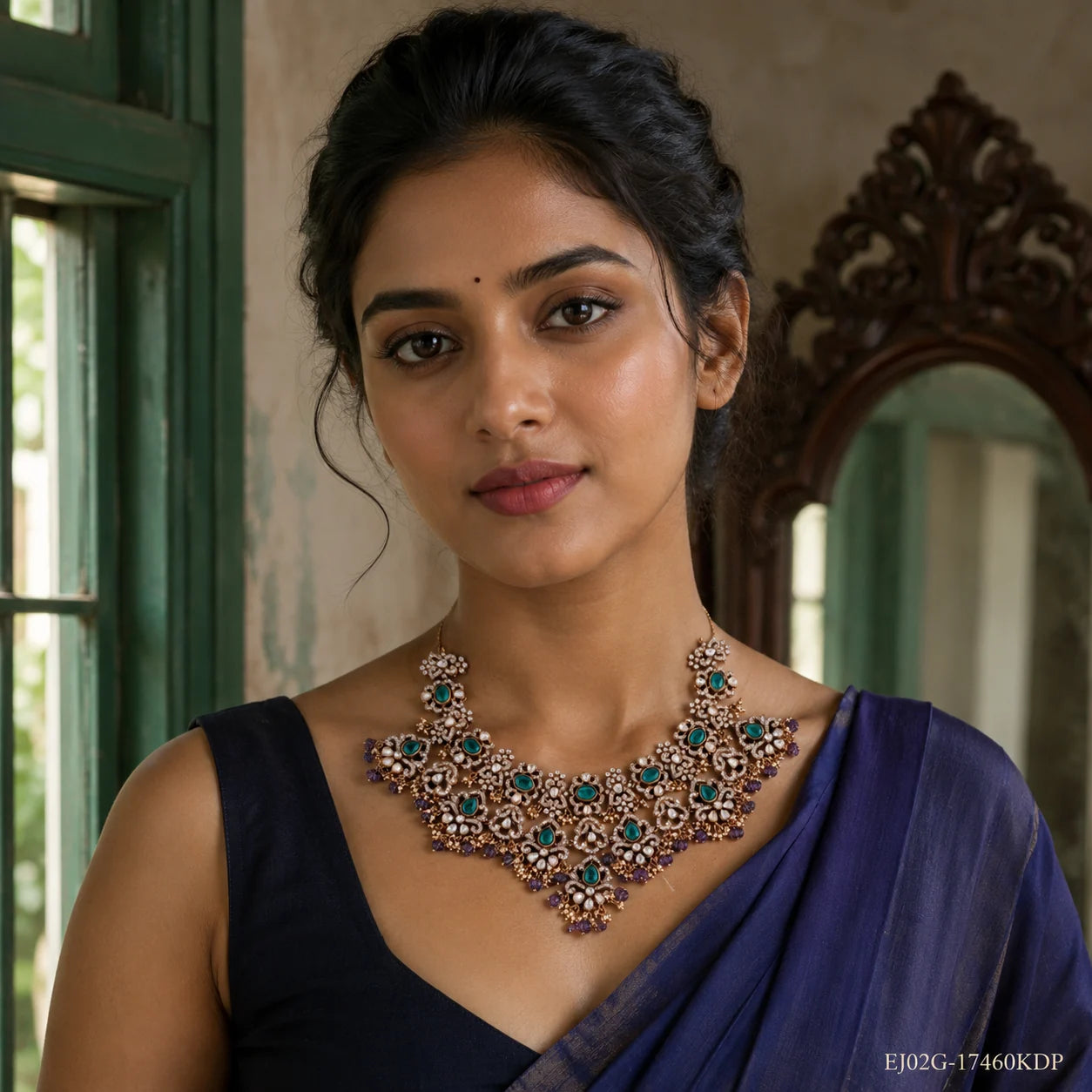 Woman in navy saree wearing a Victorian style green stone necklace with pearl and amethyst detailing