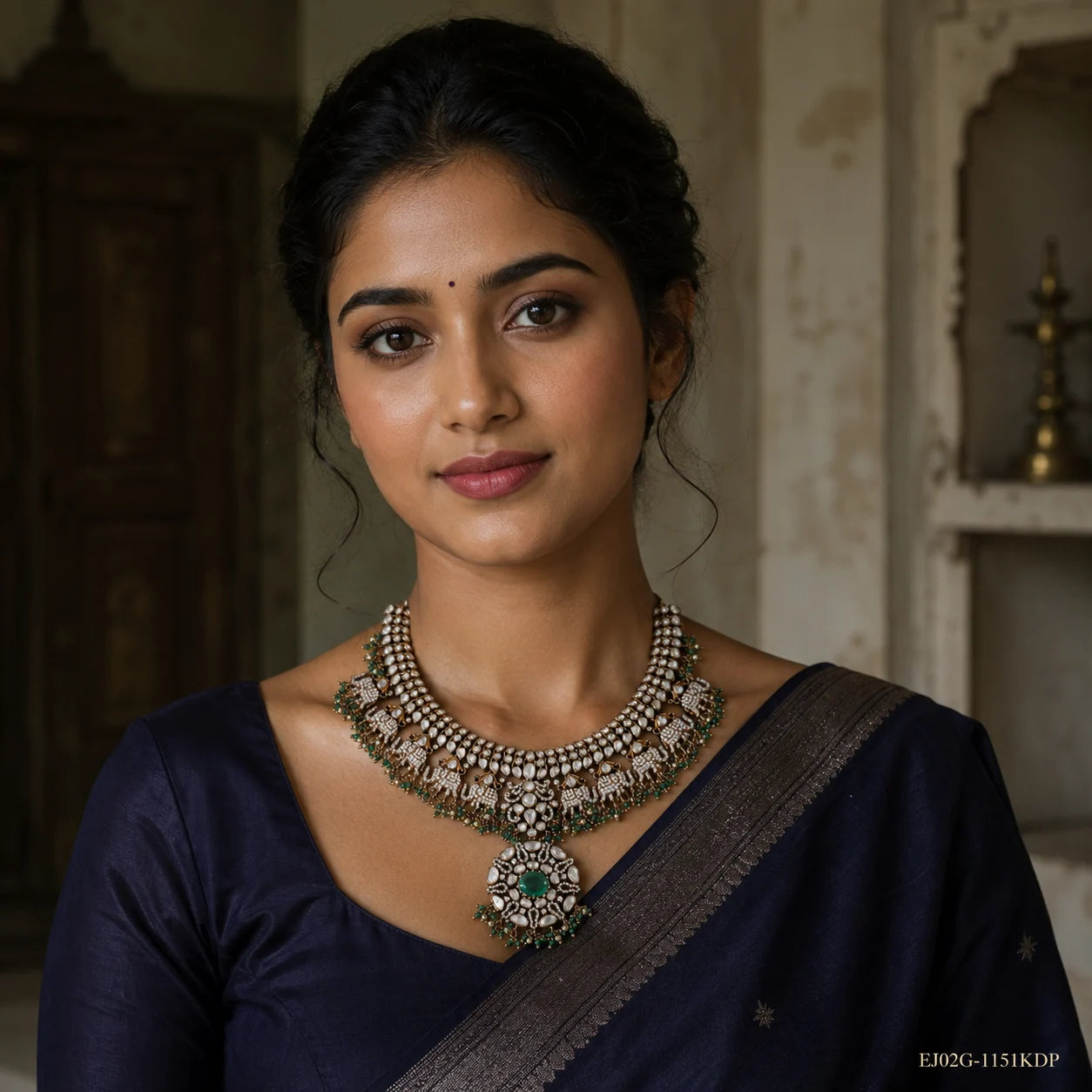 Woman in navy blue saree wearing a Victorian-style green stone necklace with elephant motifs