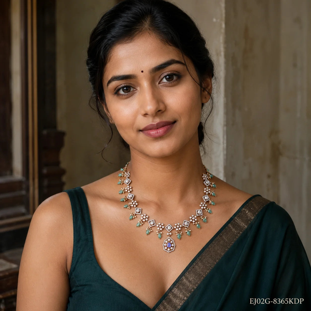 Woman in a green saree wearing a Victorian blue necklace with pearl and green stone drop detailing