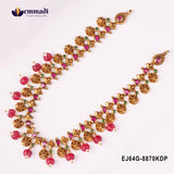 Close view of the multicolour stone necklace on a plain background, highlighting pink and green stone settings