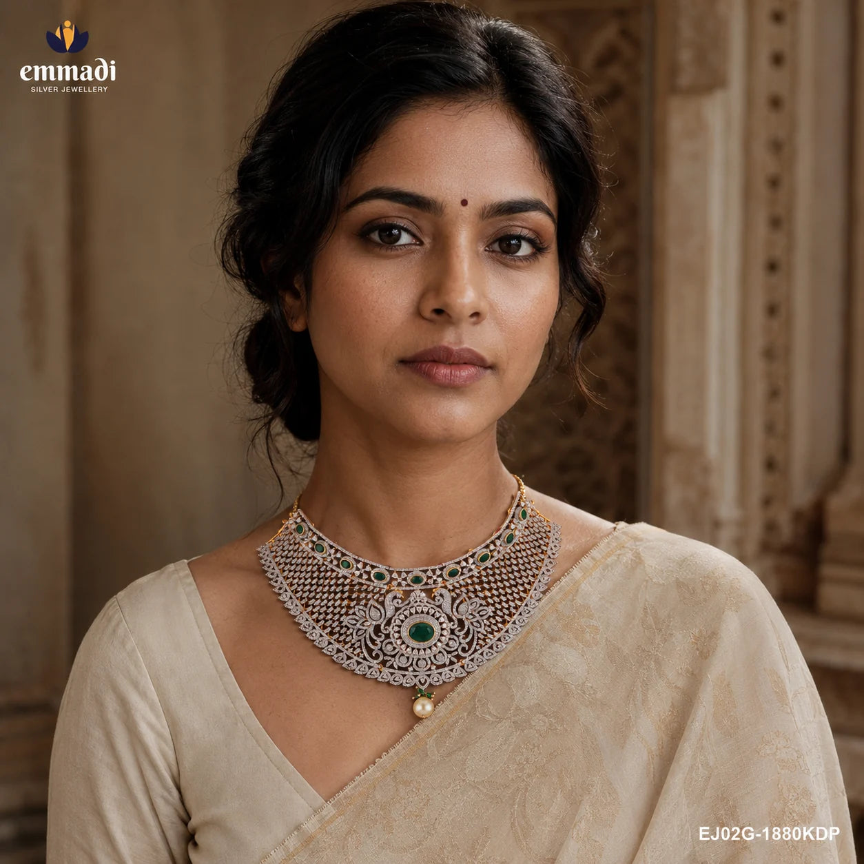 Close up portrait of a woman wearing a peacock motif choker necklace with green stone accents over a beige saree