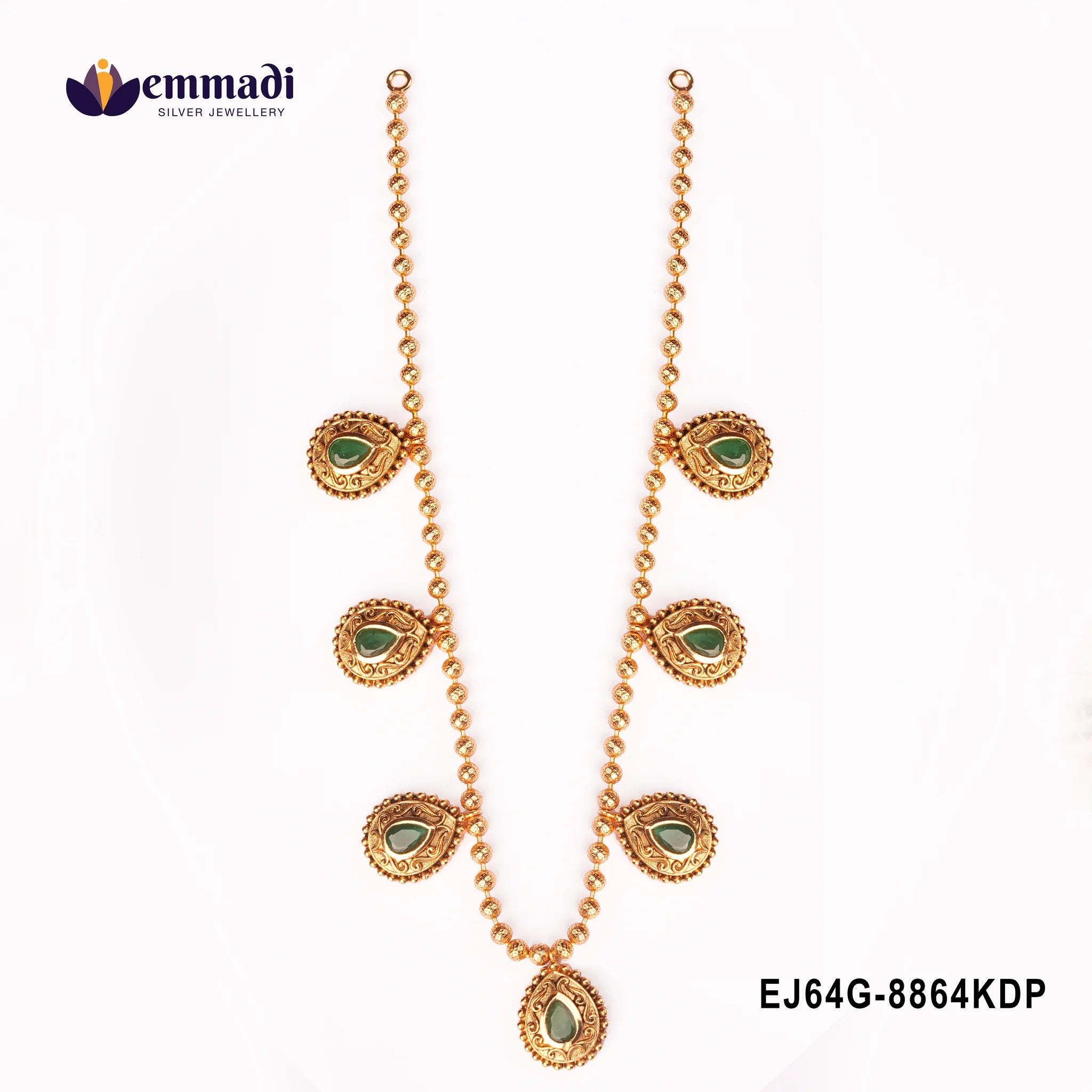 Close view of two gold-tone beaded necklaces with graduated green stone teardrop pendants on white background