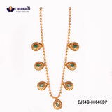 Close view of two gold-tone beaded necklaces with graduated green stone teardrop pendants on white background