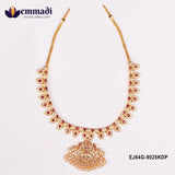Close view of the long necklace with pink stone leaf links and a large pearl fringed pendant