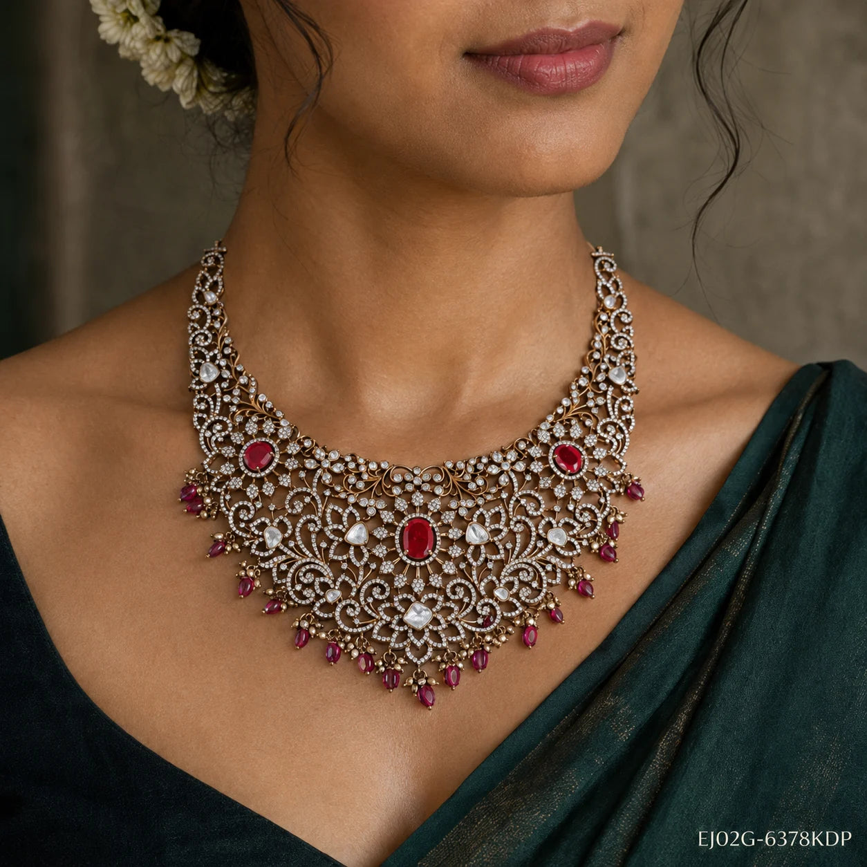 Close-up of neckline showing intricate Victorian necklace with red oval stones and pearl drops