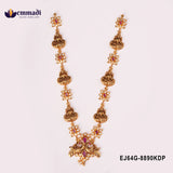 Antique gold nakshi necklace with Lakshmi motifs, floral pink stone links and a peacock pendant with pearl drop