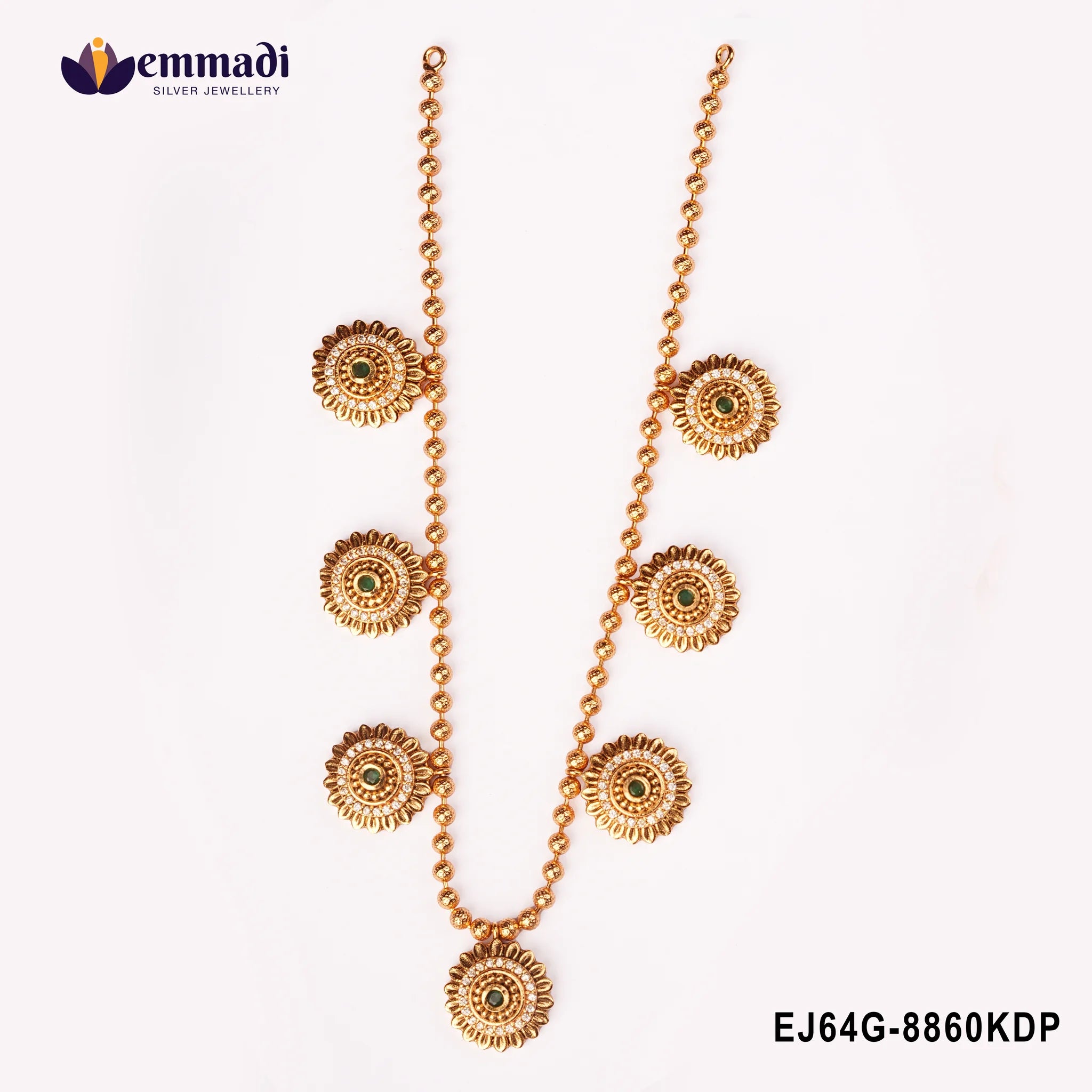 Full view of the beaded necklace on white background showing all six floral medallions