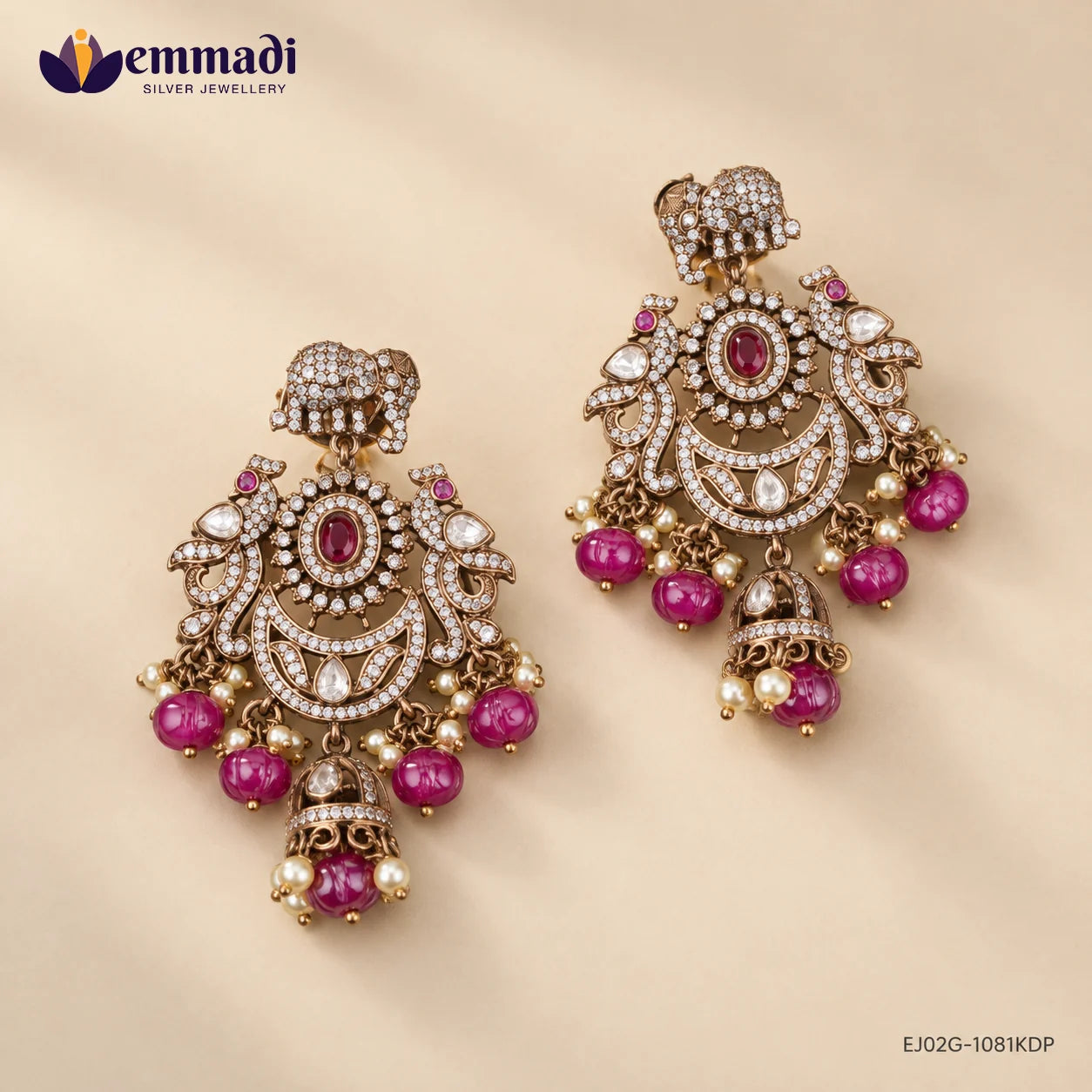 Side angled view of Victorian red hangings showing carved bead drops and pearl clusters