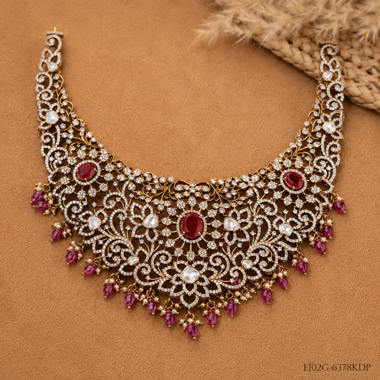 Flat lay of Victorian necklace on tan fabric showing floral filigree and red stone accents
