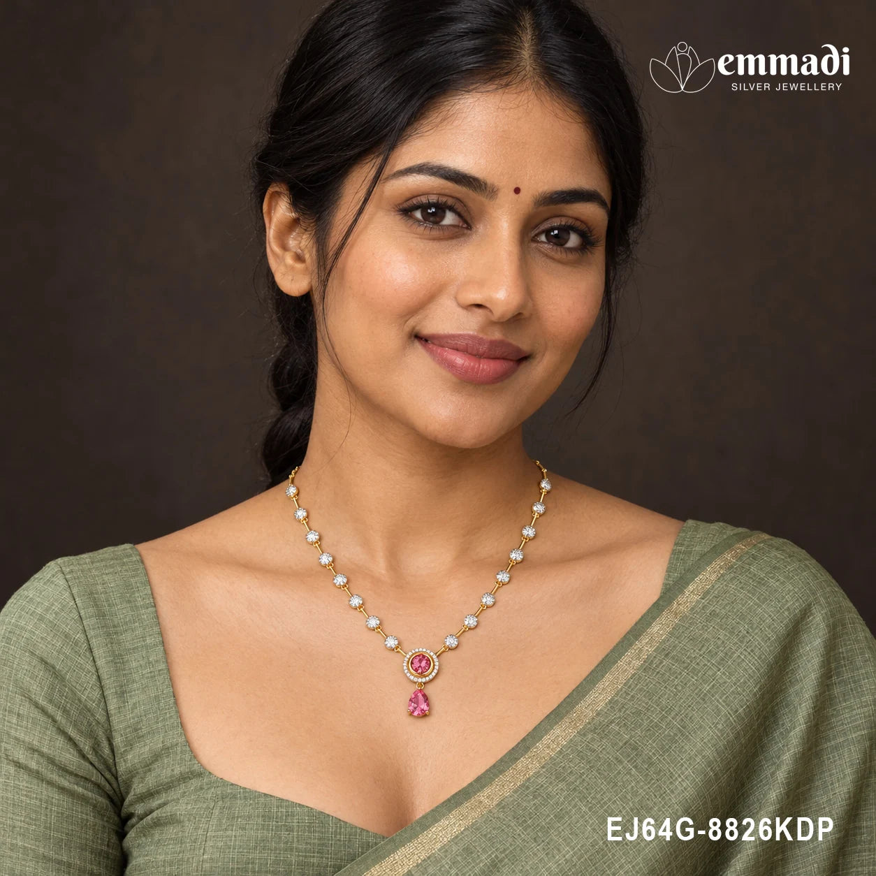Woman in a green saree wearing the pink CZ necklace with pendant resting at the neckline