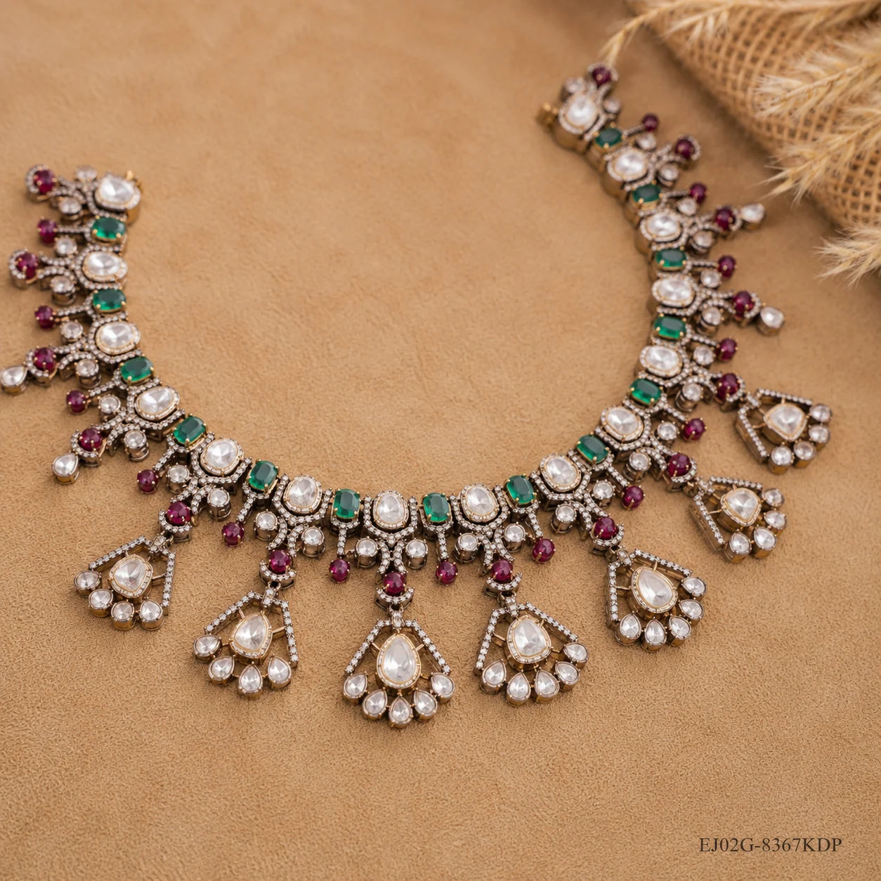 Antique finish Victorian necklace laid flat, showing full row of green stones and clear stone drops