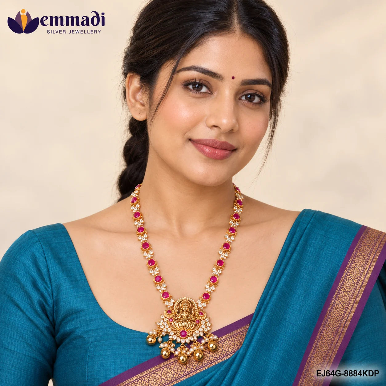 Nakshi pink necklace laid flat showing full length from clasp to pearl and gold ball drops