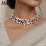 Close-up of a pink and white CZ choker on the neck showing floral pave pattern and central pendant drop
