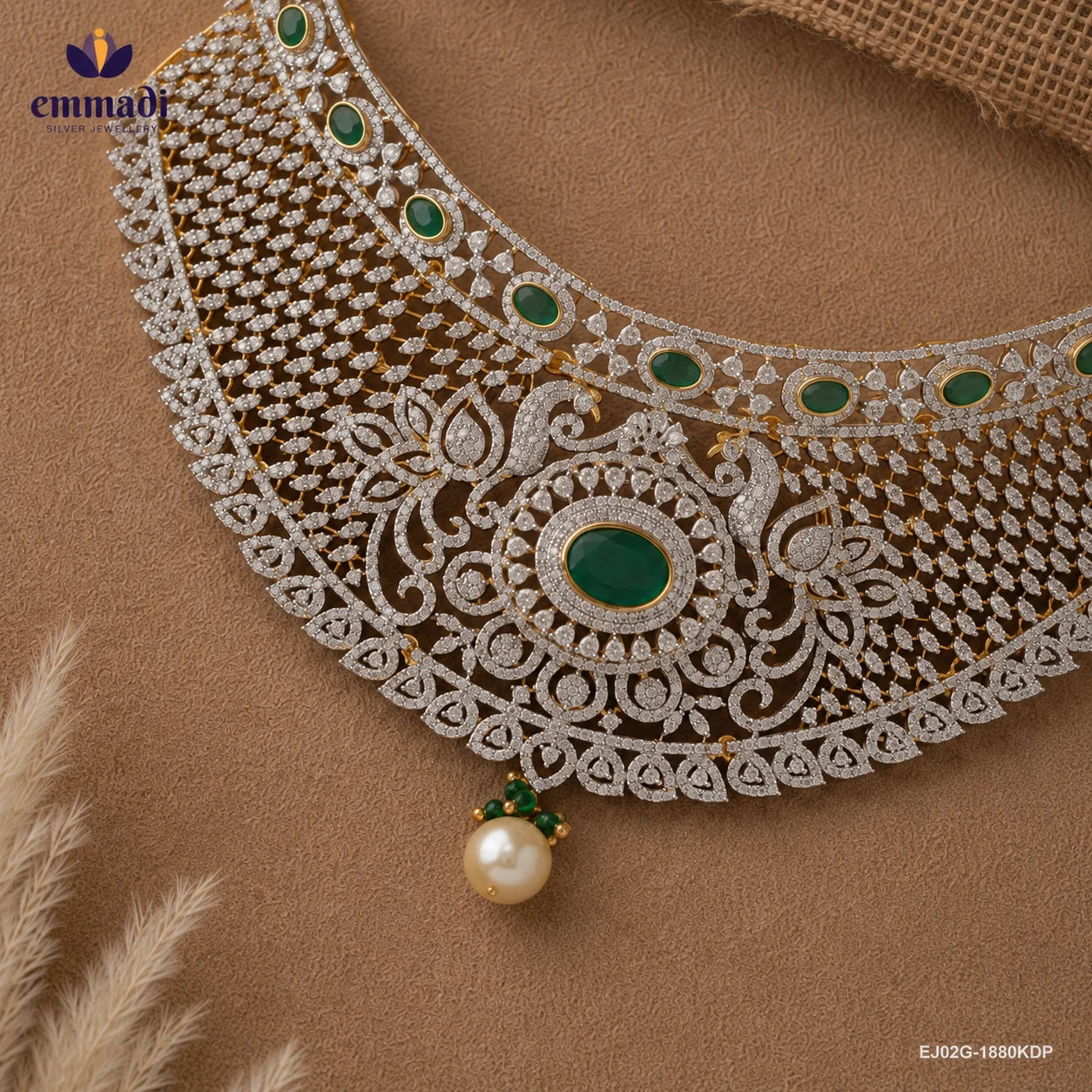 Flat lay close-up of a choker necklace highlighting cubic zirconia pave, peacock motif and pearl drop pendant