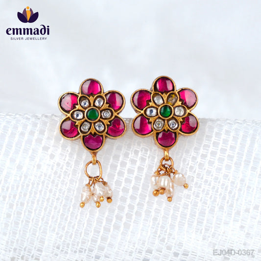 Asvika Anantya: Handcrafted Pure Gold Plated 92.5 Silver Ear Tops/Studs Kundan Multi
