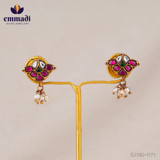 Rajshri Jewels: Kundan Multi Ear Tops/ Studs Handcrafted with Pure Gold Plating and Pure 92.5 Silver