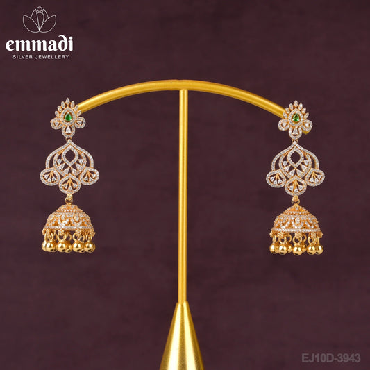 Ashara Buttalu CZ Green: Handcrafted 92.5 silver earrings plated with pure gold, made by Emmadi Jewellers for special occasions.
