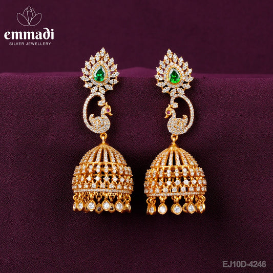 Ashika Buttalu CZ Green: Handcrafted 92.5 silver earrings plated with pure gold, made by Emmadi Jewellers for special occasions.