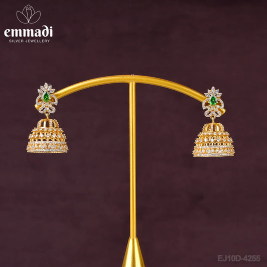 Ashika Buttalu CZ Green: Handcrafted 92.5 silver earrings plated with pure gold, made by Emmadi Jewellers for special occasions.