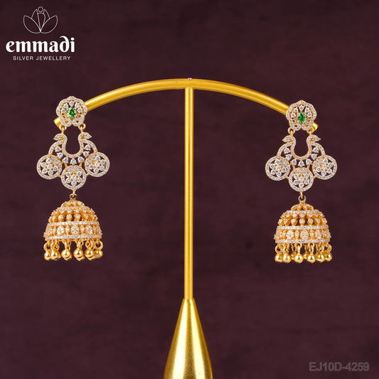Ashiqa Buttalu CZ Green: Handcrafted 92.5 silver earrings plated with pure gold, made by Emmadi Jewellers for special occasions.