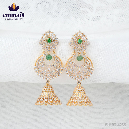 Ashirya Buttalu CZ Green: Handcrafted 92.5 silver earrings plated with pure gold, made by Emmadi Jewellers for special occasions.