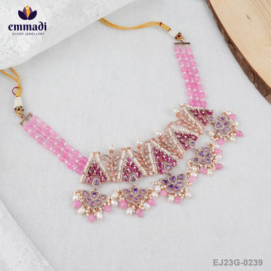 Sonal's Handcrafted Indian Jewelry: Two-Color Stones Multi Choker & Pure Gold Plated Earrings