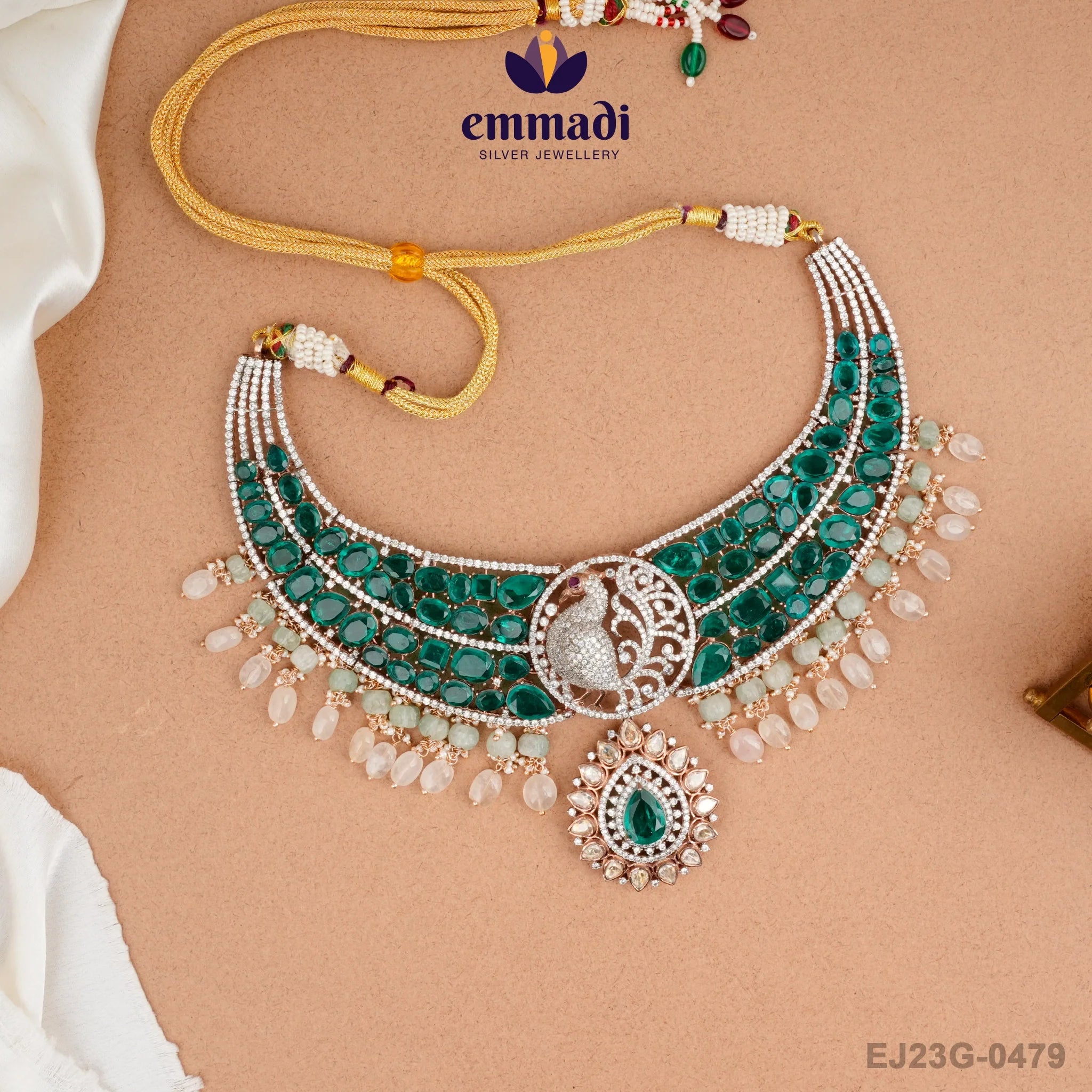Sakshi Jewels Gem Stone Green Necklace Handcrafted with Pure Gold Pla Emmadi Silver Jewellery