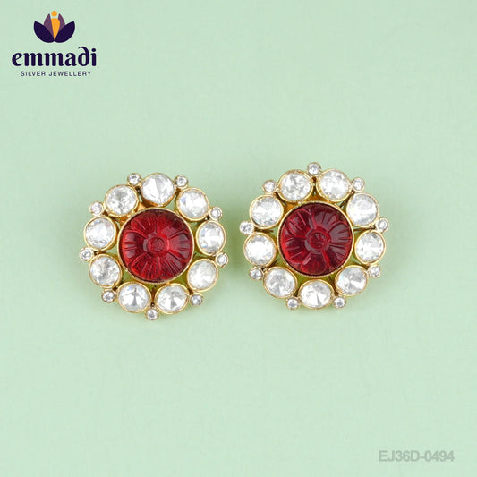 Ashita Bhavani's Handcrafted Gold Plated Ear Tops/Studs Moissanite Red