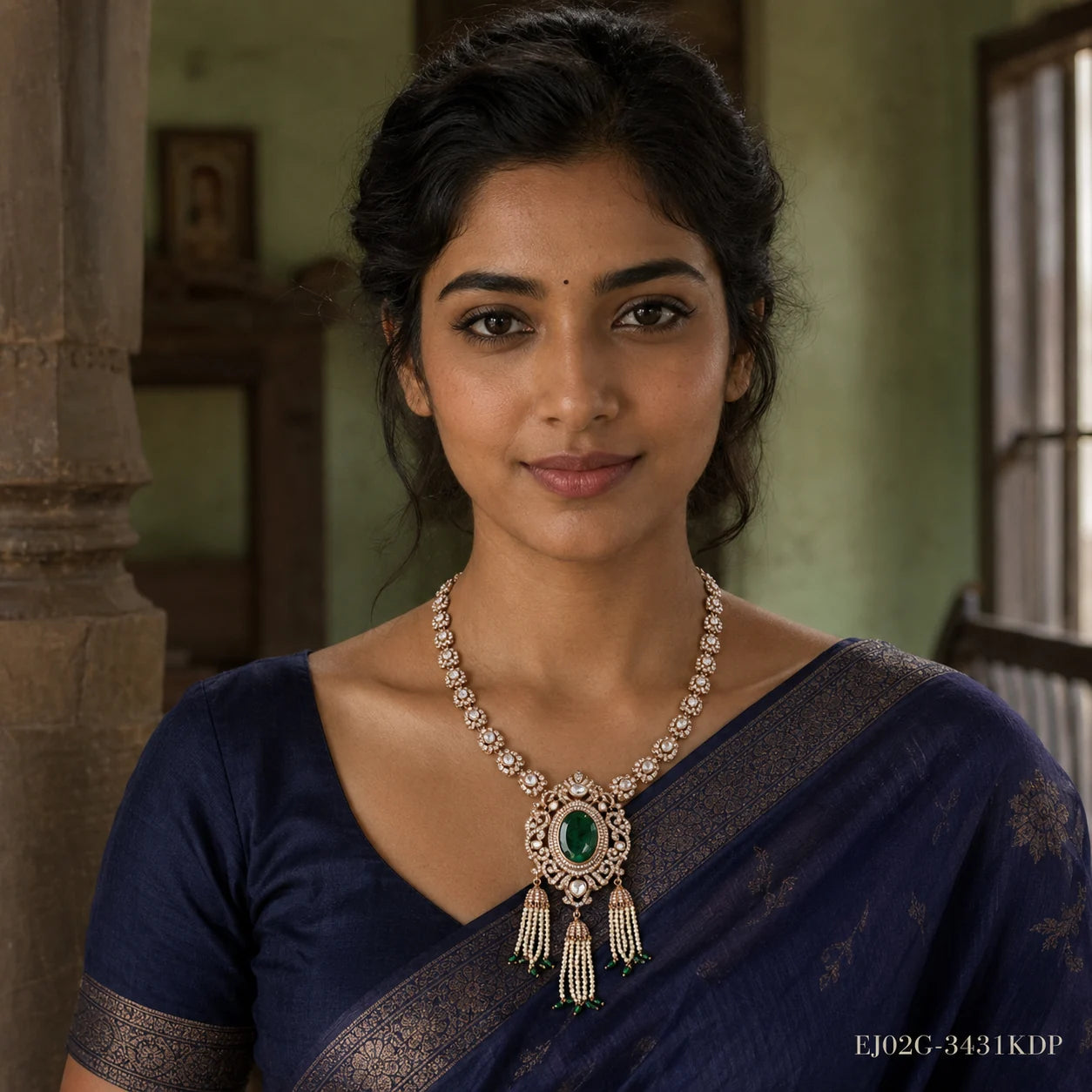 Woman in navy blue saree wearing the Ira Victorian green necklace with pearl tassels against a heritage backdrop