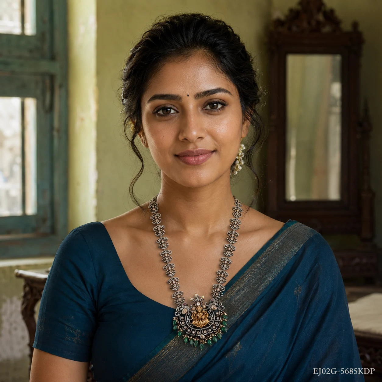 Woman in teal saree wearing a long antique finish Victorian necklace with goddess pendant