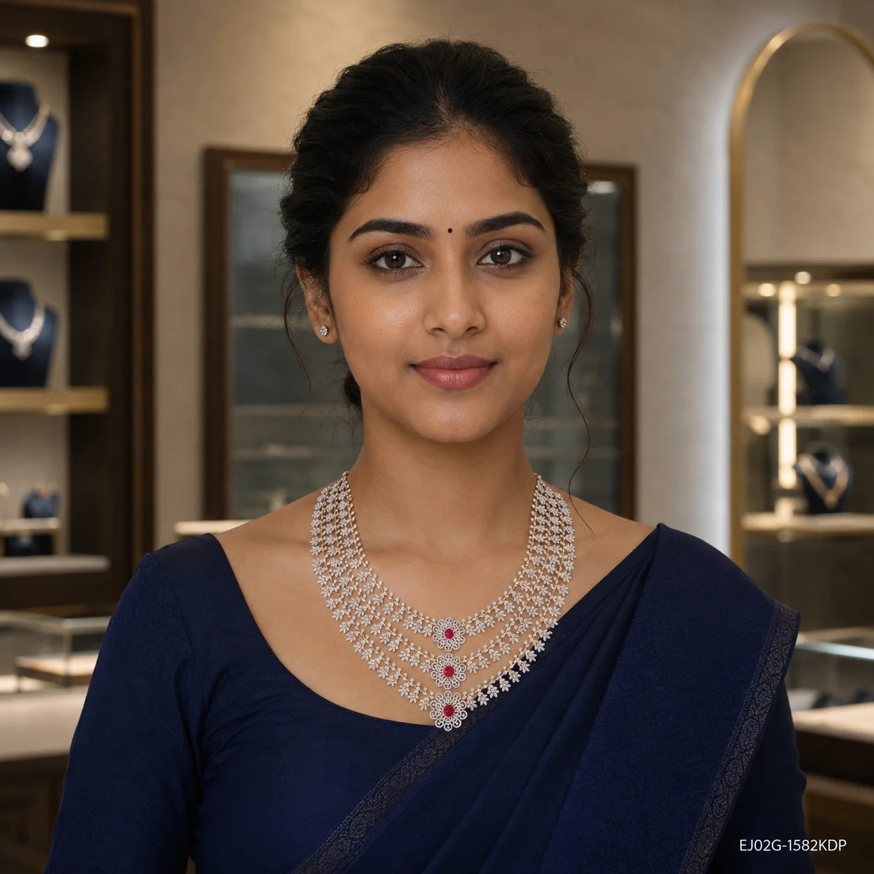 Woman in navy saree wearing a three-layer CZ long necklace with red stone floral pendants in a jewellery showroom