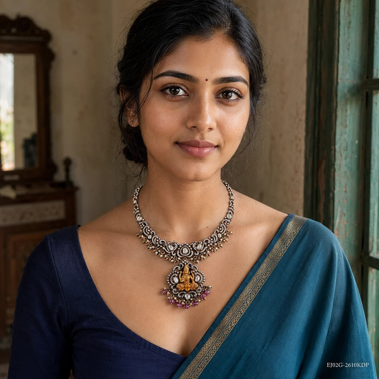 Woman in navy blouse and teal saree wearing a Victorian white necklace with gold-tone pendant