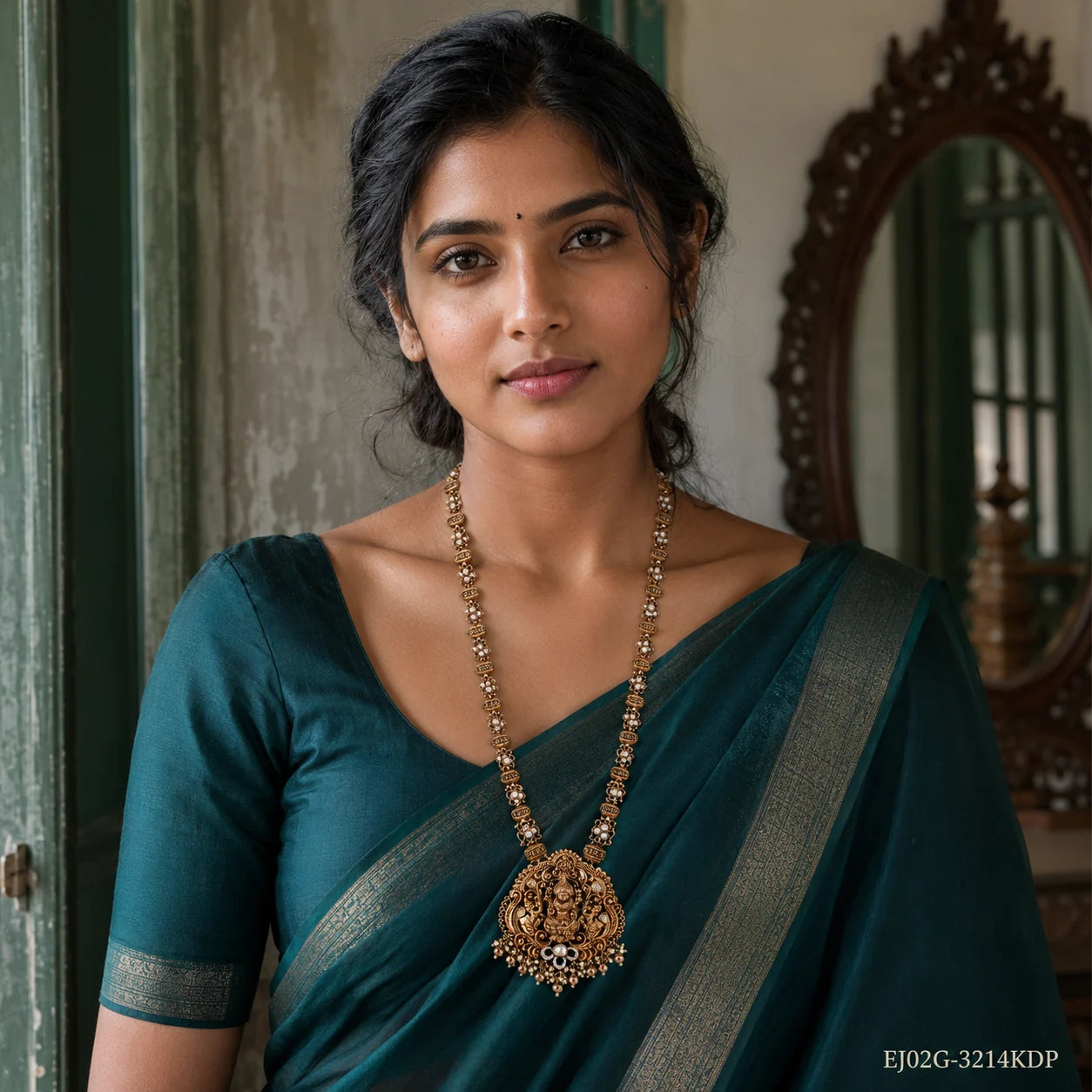 Woman in a teal saree wearing a long antique gold-tone necklace with a carved deity pendant