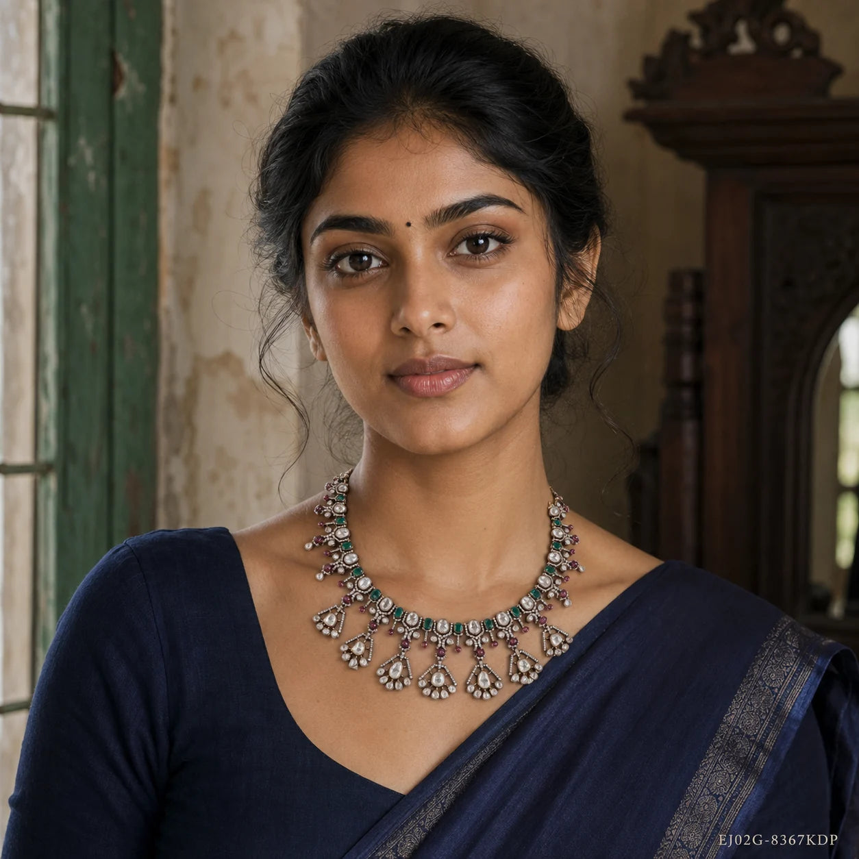 Woman in a navy saree wearing an antique finish Victorian necklace with green and clear stone drops