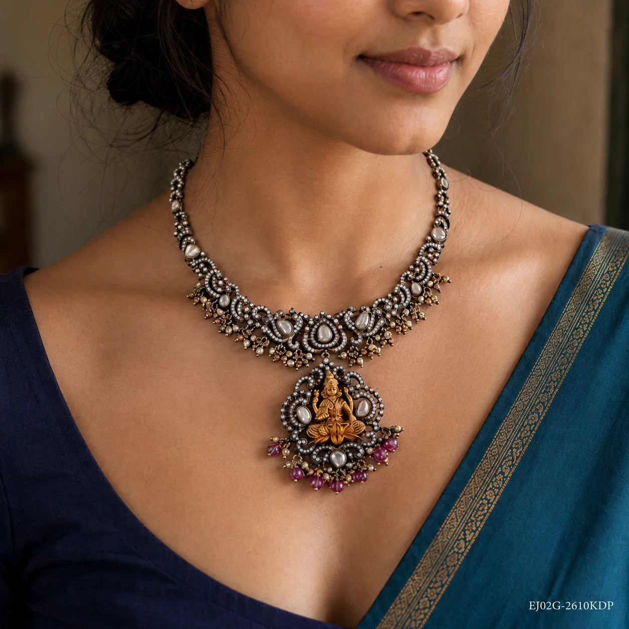 Close-up of neckline showing the Victorian necklace with kundan-style stones and pink bead drops