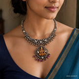 Close-up of neckline showing the Victorian necklace with kundan-style stones and pink bead drops