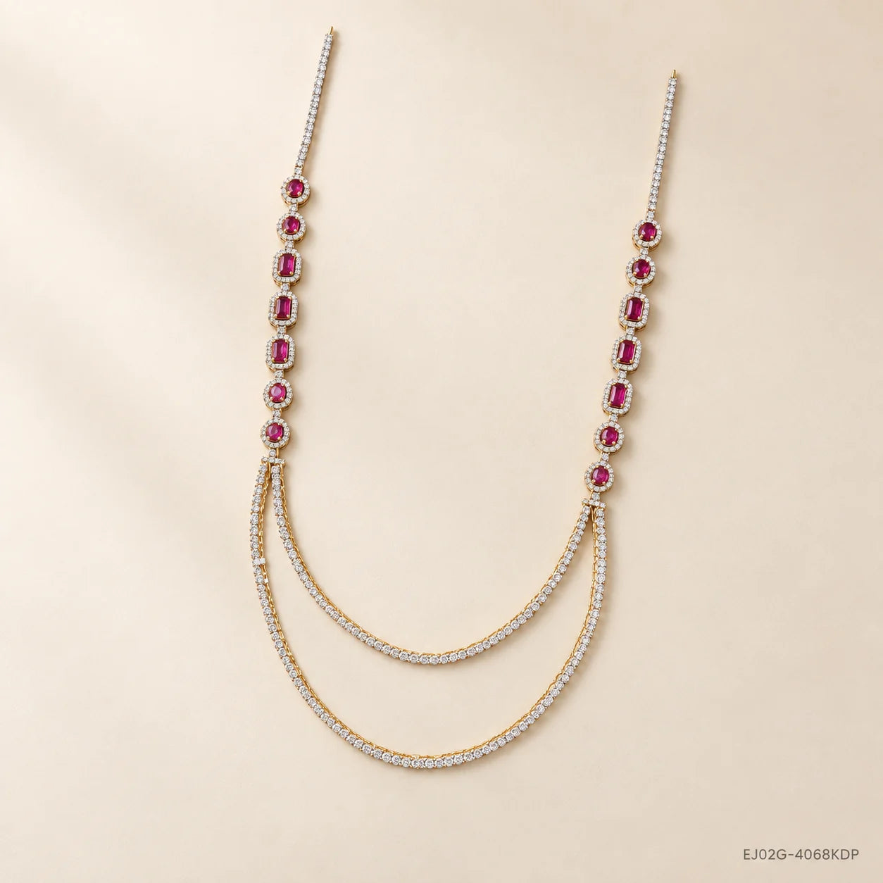 Pink and white stone long necklace laid flat on a soft beige background, full view