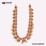 Flat lay of the multicolour stone necklace on a white background showing floral motifs and pearl tassels
