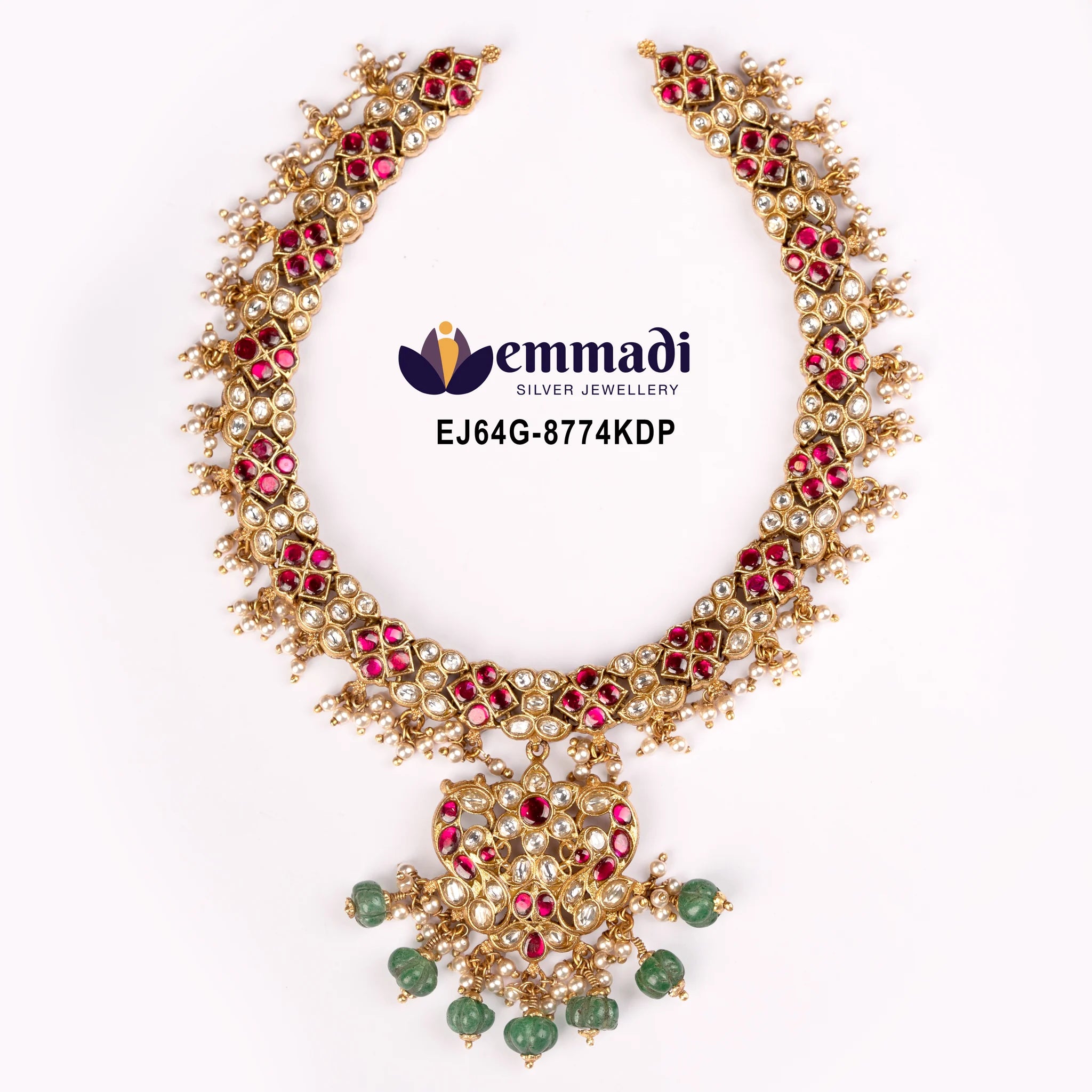 Full view of the Kundan pink necklace on a white background with Emmadi Silver Jewellery branding