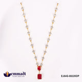 Necklace laid in V shape showing heart-shaped pave links and oval plus rectangular pink stone pendant