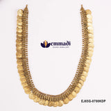 Close view of nakshi long necklace showing coin detailing and pendant hooks with brand logo