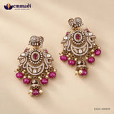 Side angled view of Victorian red hangings showing carved bead drops and pearl clusters
