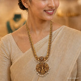 Close-up of the neckline showing the layered long necklace with ornate peacock and pendant design